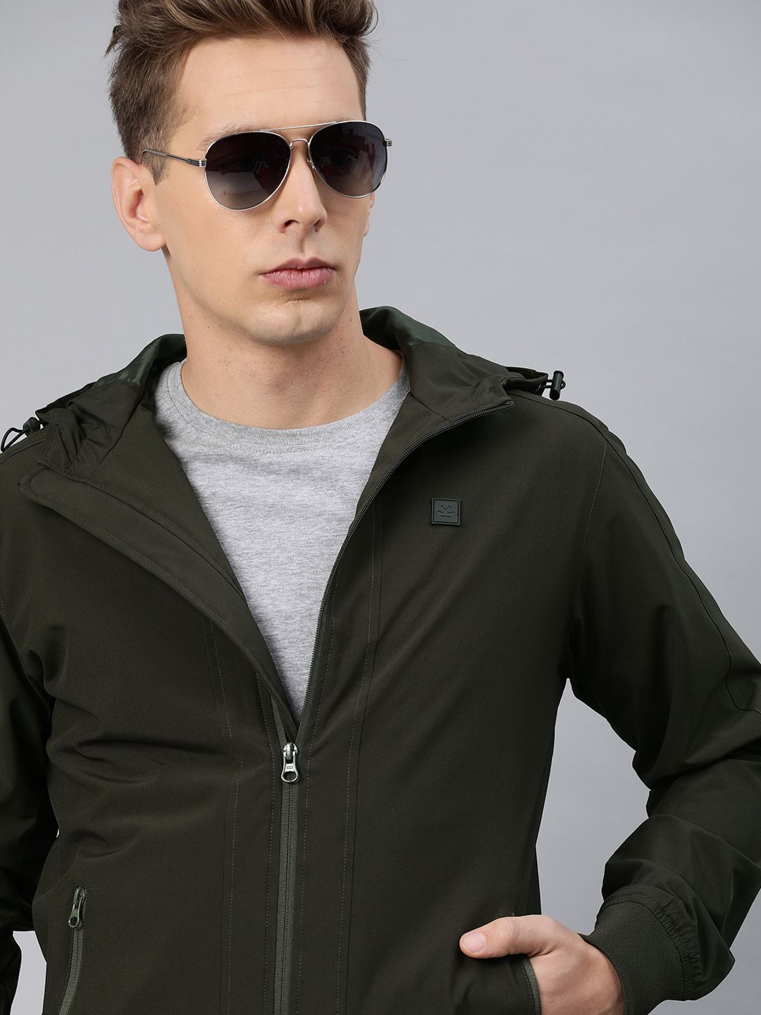 WROGN Men Olive Green Slim Fit Solid Bomber Jacket