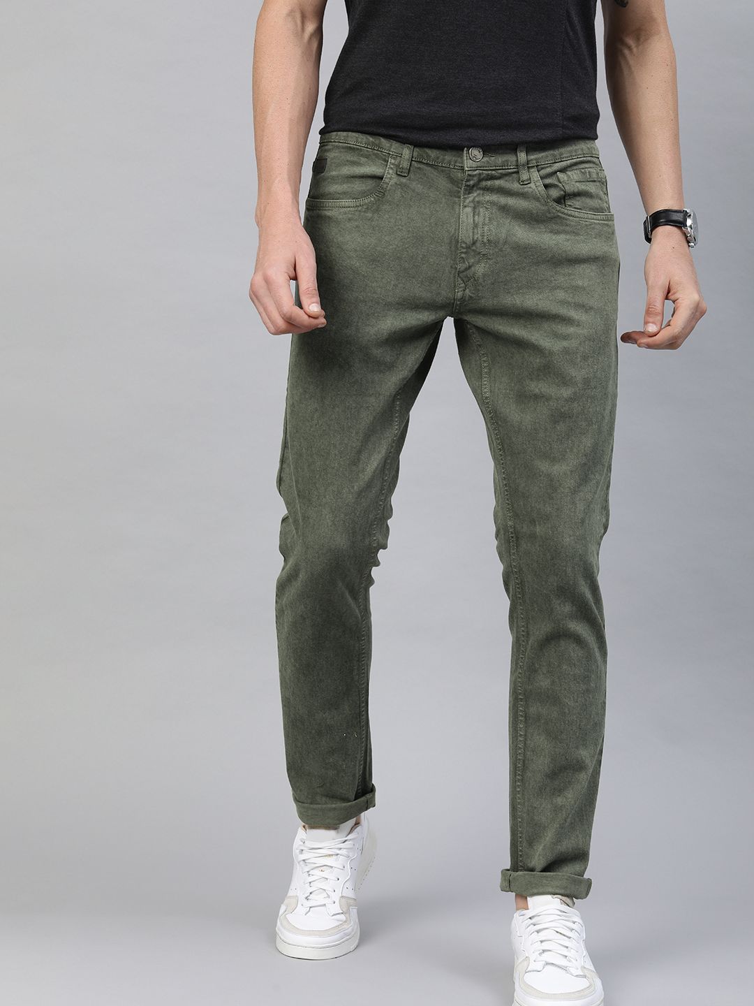 Buy Wrogn Wrogn Men Olive Green Slim Fit Mid Rise Clean Look Stretchable Jeans At Redfynd