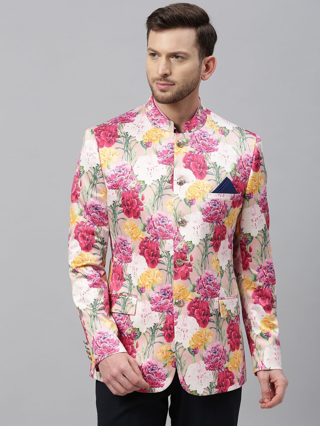 Theme Men Pink & Mustard Yellow Slim Fit Floral Printed Single-Breasted Bandhgala Blazer-picture-22