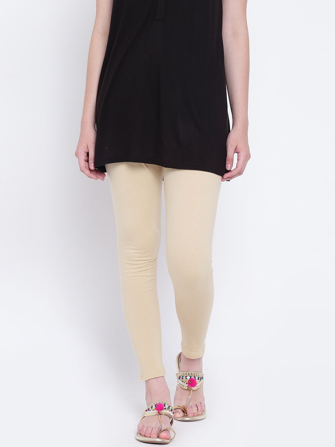 Rangriti Beige Pure Cotton Solid Ankle-Length Leggings-picture-15