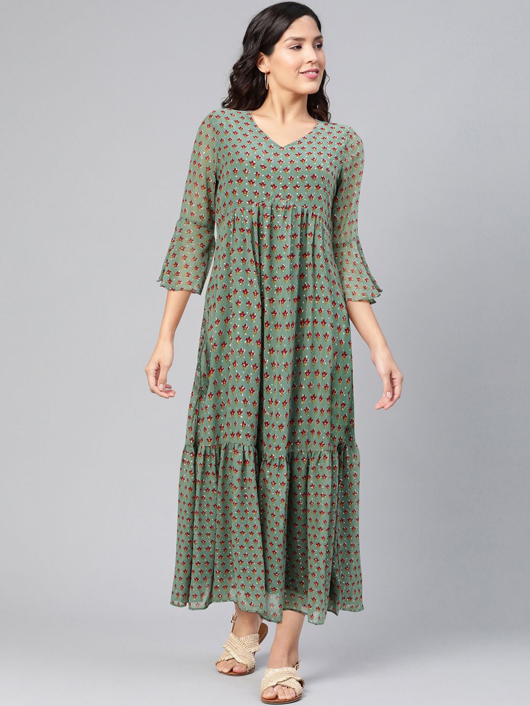 Global Desi Women Teal Green & Maroon Floral Printed Tiered Maxi Dress