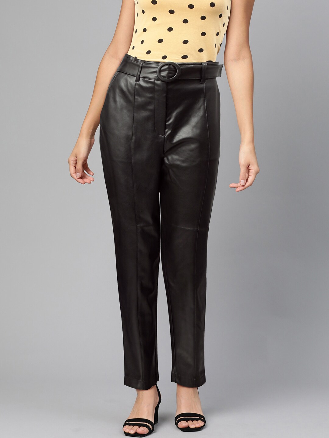 DOROTHY PERKINS Women Black Regular Fit PU Coated Solid Regular Trousers