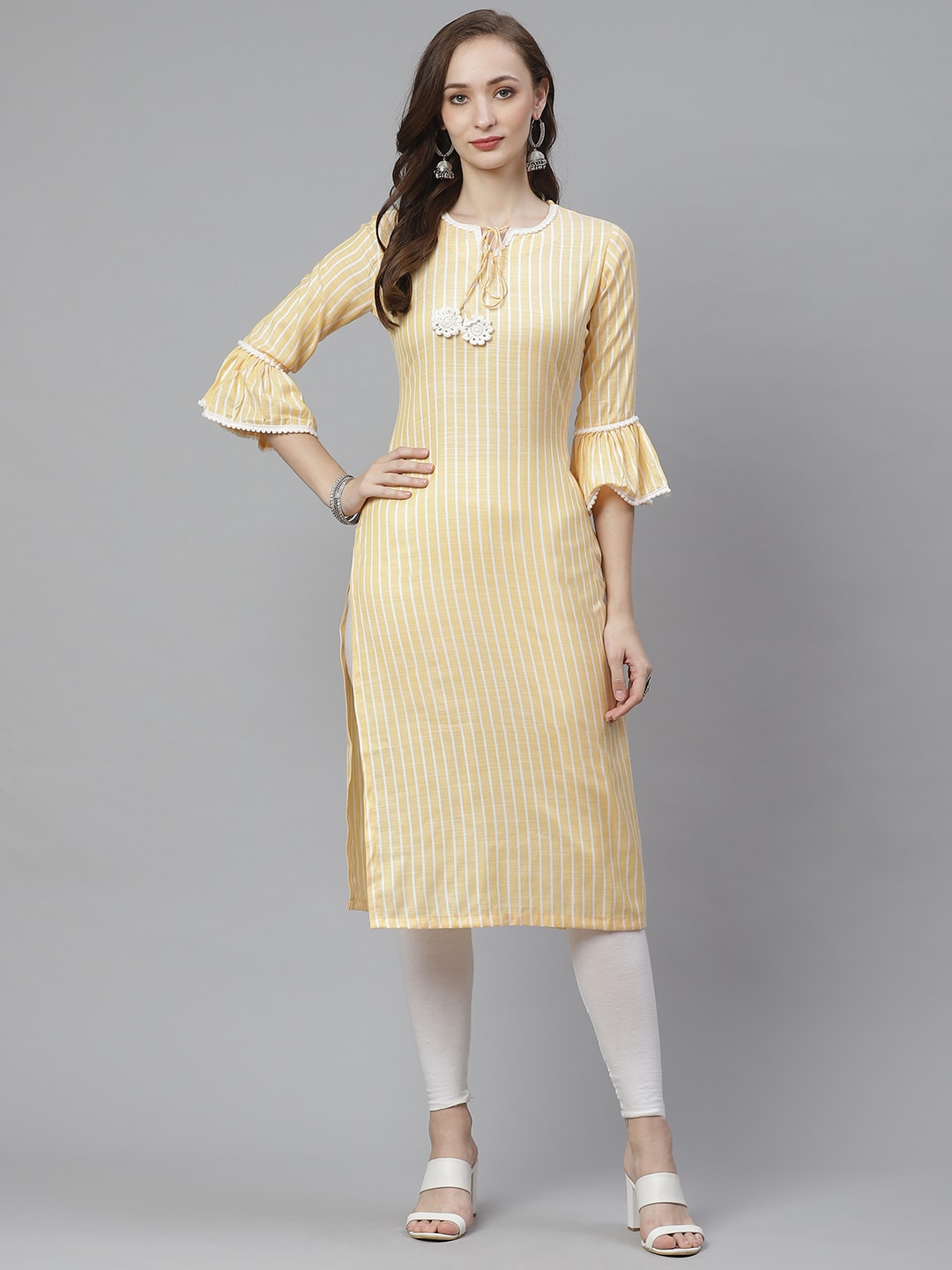 Bhama Couture Women Yellow  & White Striped Straight Kurta