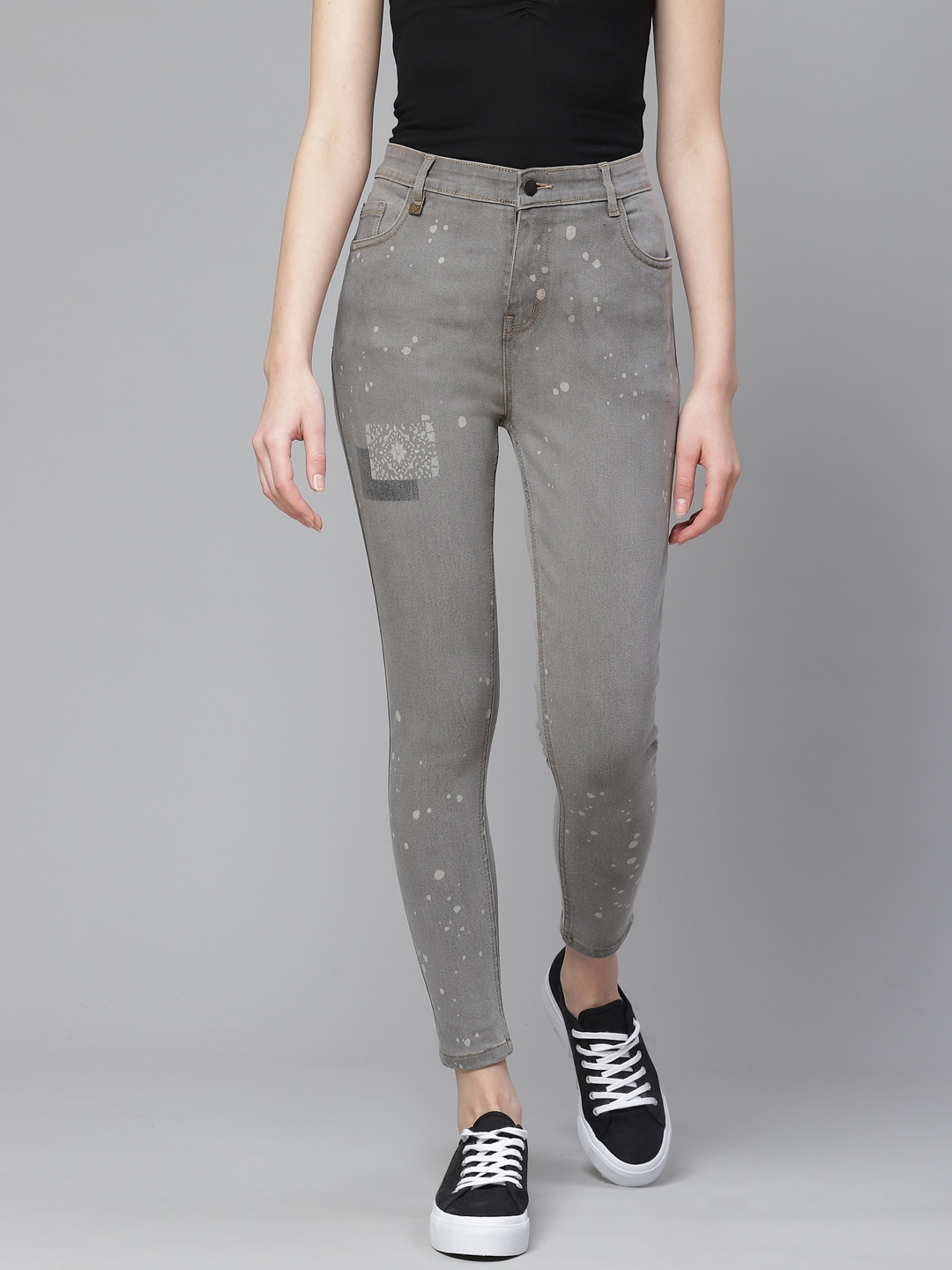 Hubberholme Women Grey Printed Slim Fit Mid-Rise Clean Look Stretchable Cropped Jeans