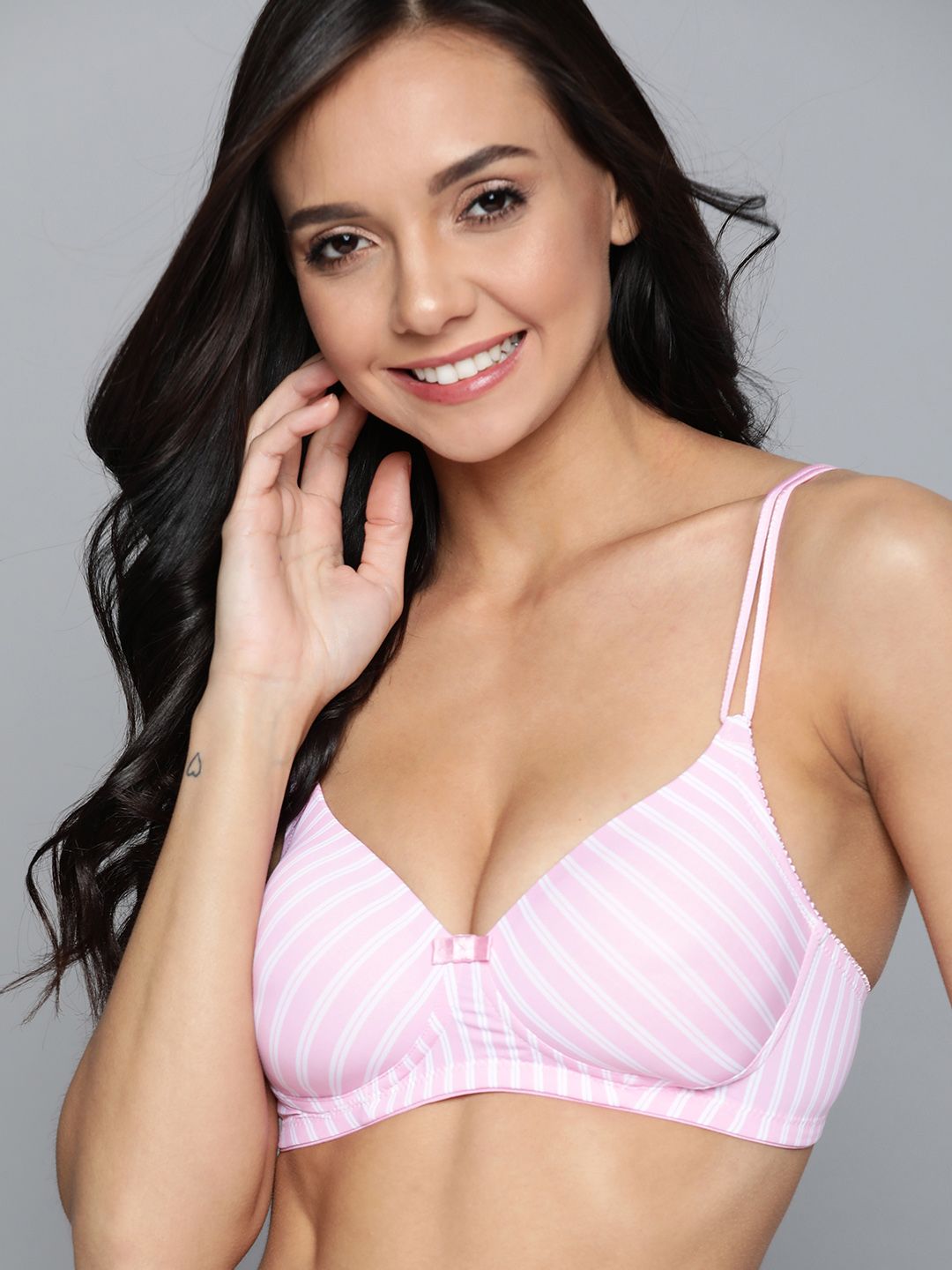 Mast & Harbour White & Pink Striped Non-Wired Lightly Padded T-shirt Bra