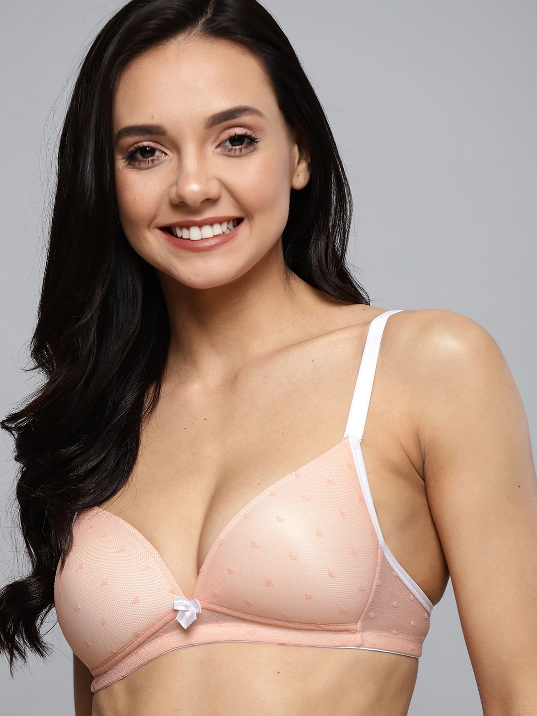 Mast & Harbour Peach-Coloured Self Design Net Lightly Padded T-shirt Bra