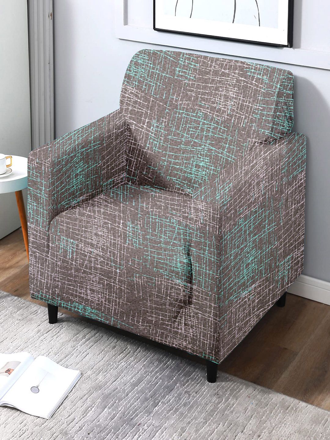 Cortina Brown & White Printed Fitted Single Seater Sofa Cover-image-33