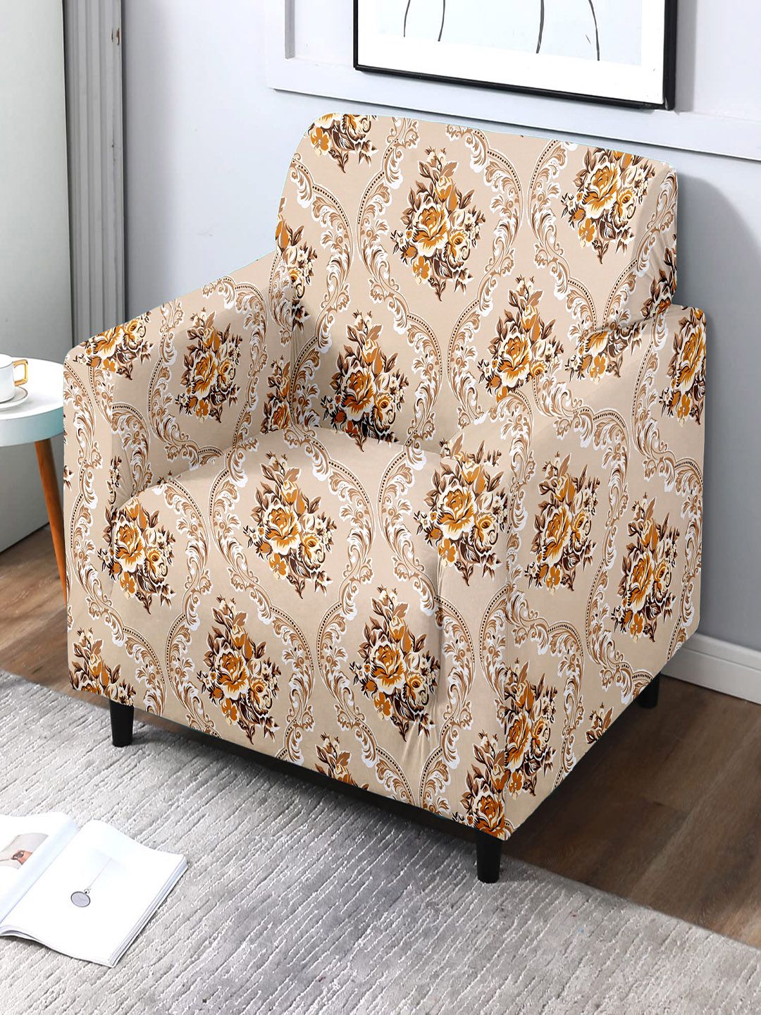 Cortina Beige Beige Printed Polyester 1 Seater Stretchable Non-Slip Sofa Cover-image-39