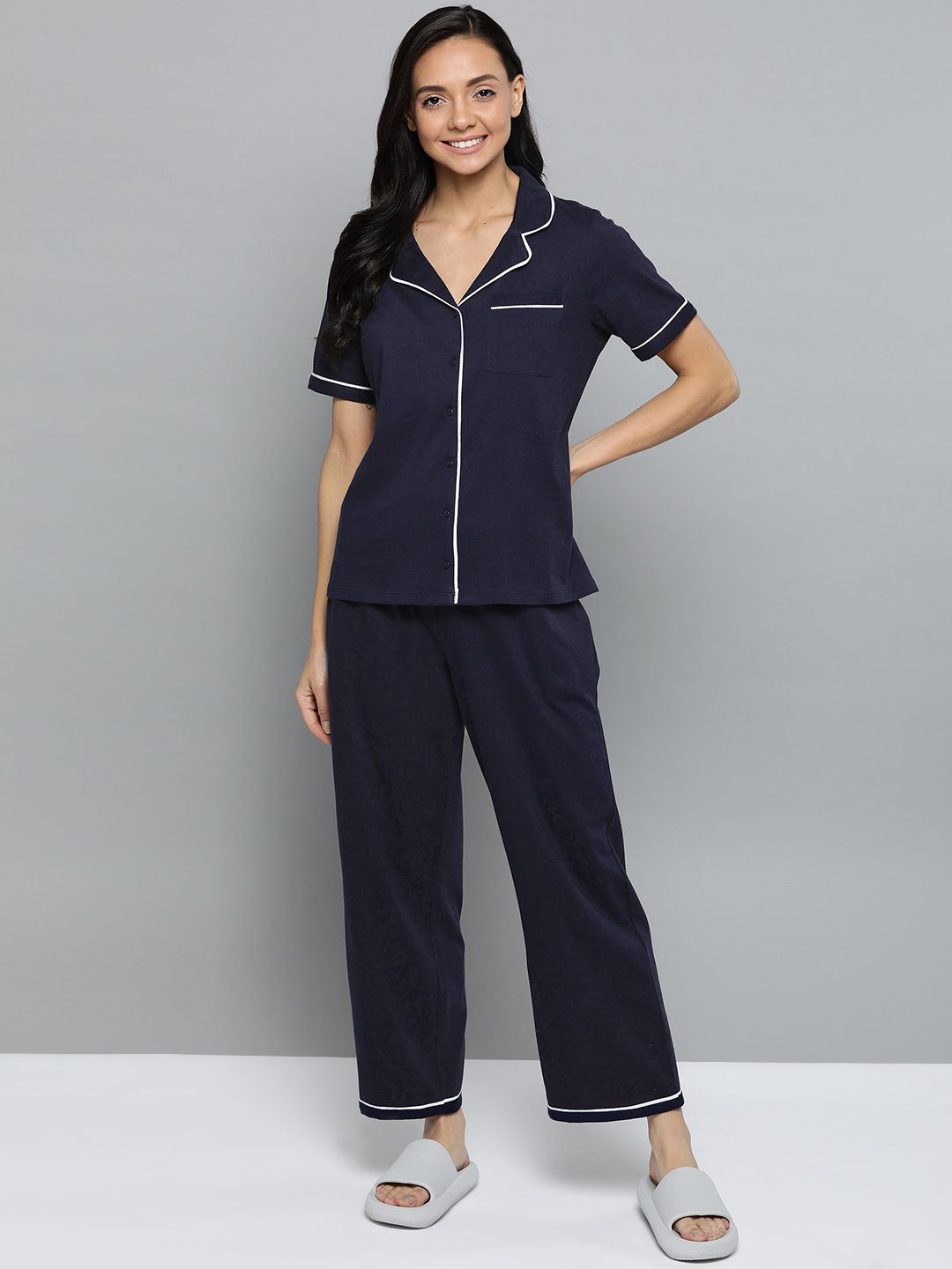 mast & harbour x fwd Mast & Harbour Women Navy Blue Solid Night Suit-picture-23