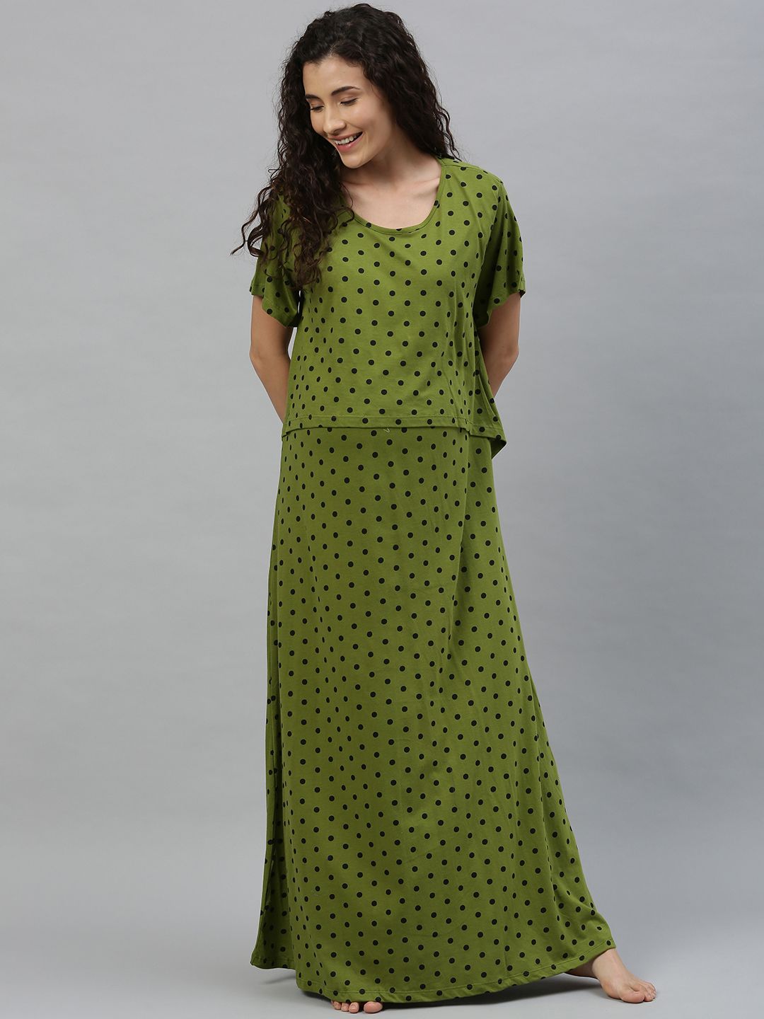 Nejo Women Olive Green & Black Polka Printed Feeding Nightdress-picture-11