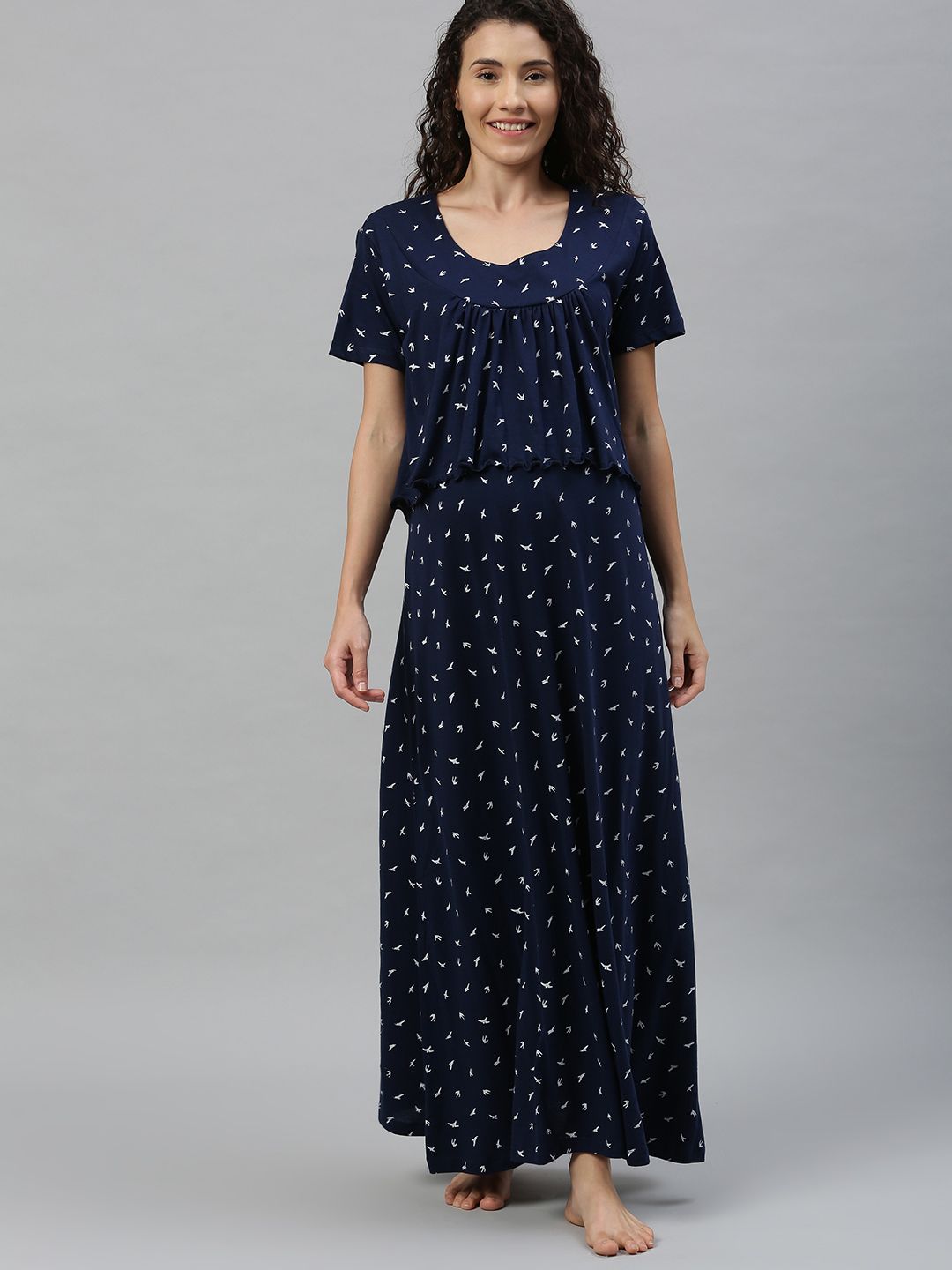 Nejo Navy Blue & White Printed Feeding Nightdress-picture-37
