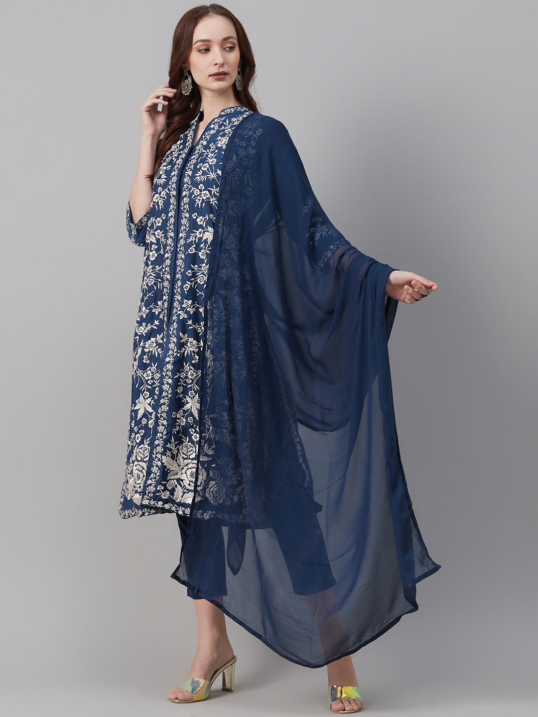Biba Women Navy Blue & White Embroidered Kurta with Trousers & Dupatta-picture-17