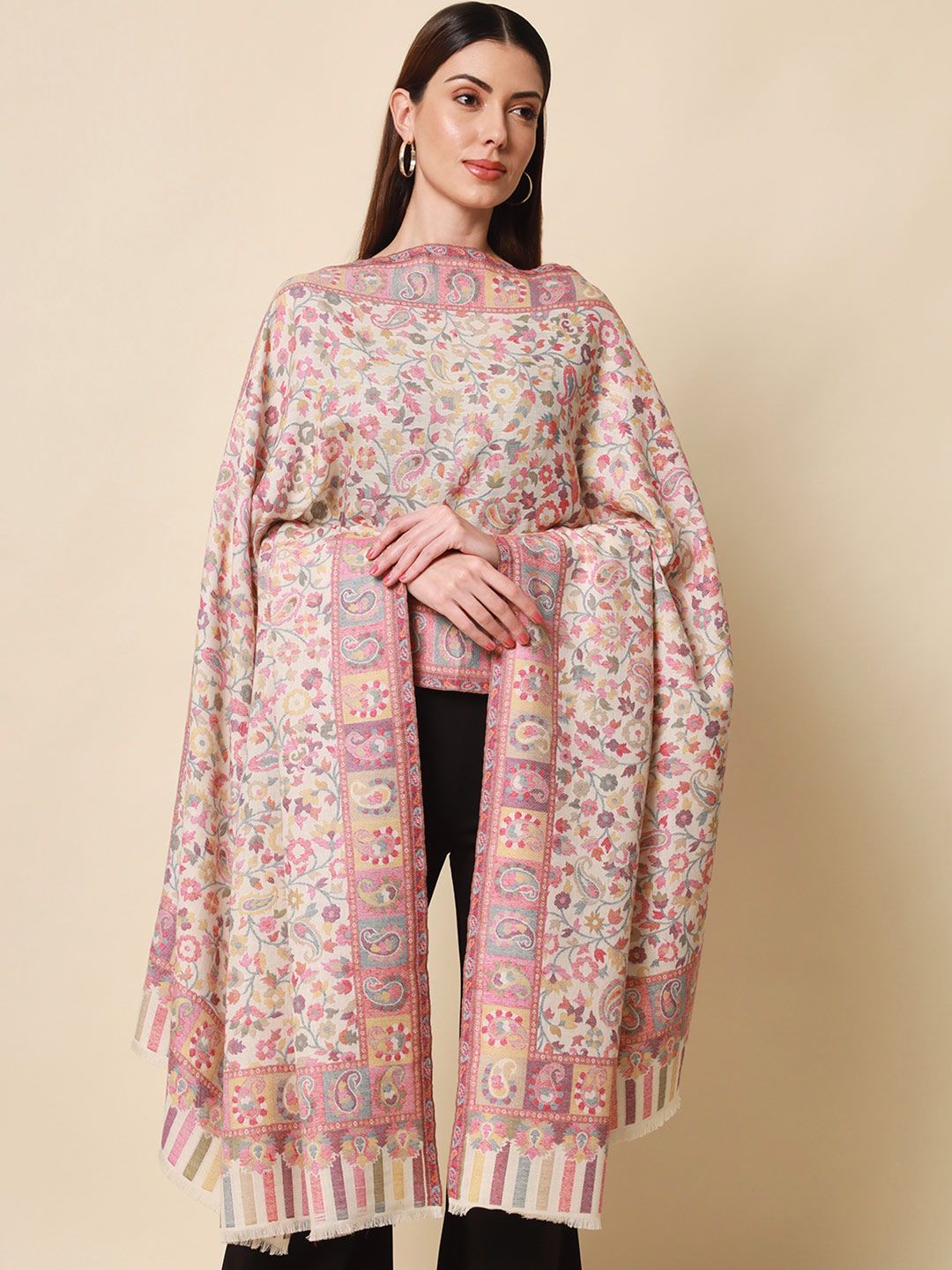 Pashmoda Women White & Pink Woven-Design Shawl-picture-41