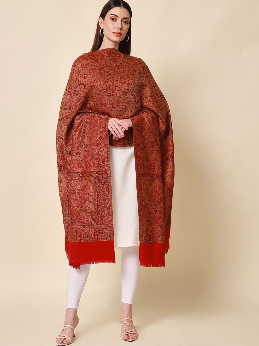 Pashmoda Women Red & Brown Woven-Design Jamawar Shawl-image-41