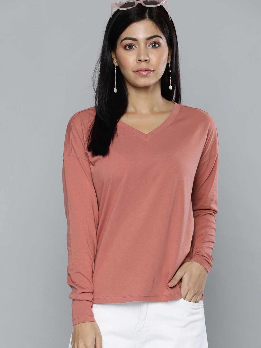 Chemistry Women Coral Pink Solid V-Neck T-shirt