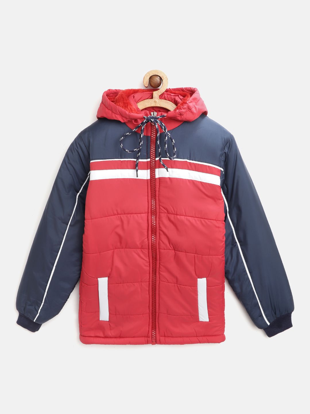AD & AV Boys Red & Navy Blue Colourblocked Padded Jacket with Detachable Hood-picture-16