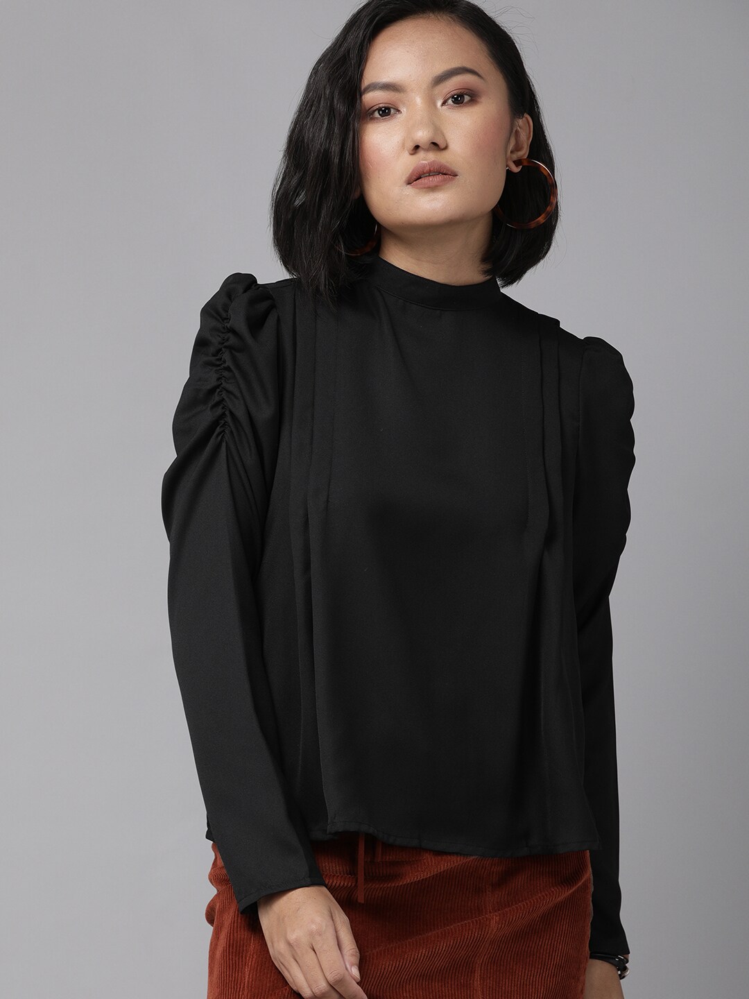 Roadster Women Black Solid Sustainable Recycled Poly Regular Top with Gathered & Pleated Detail