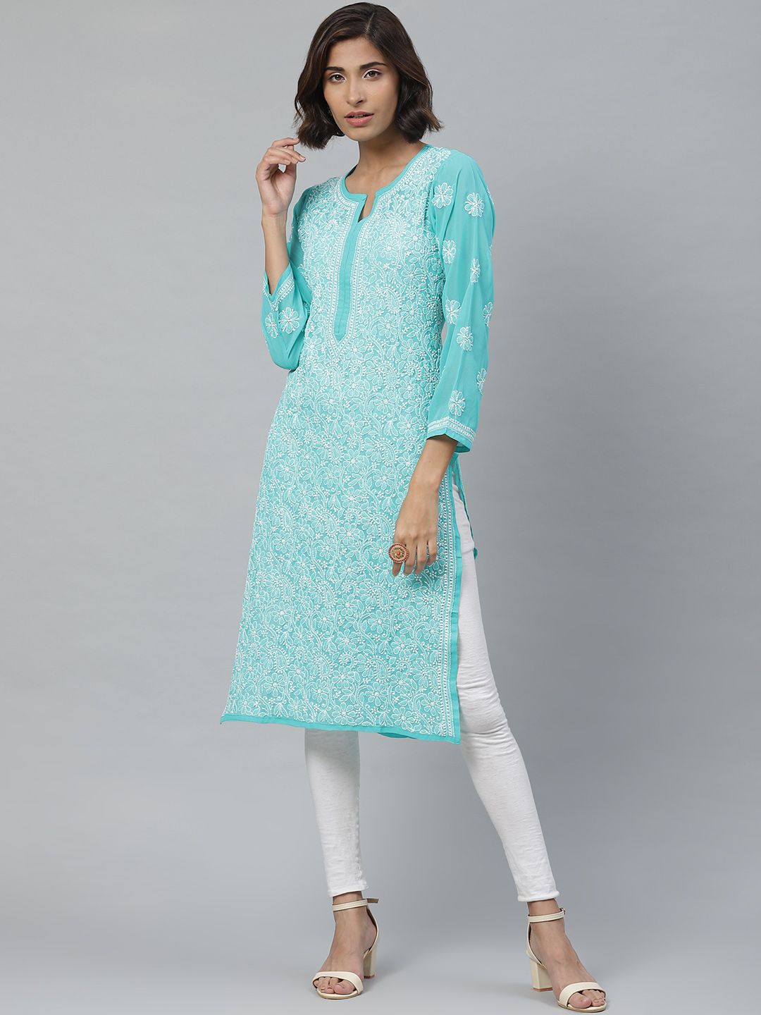 ADA Women Sea Green & White Floral Chikankari Embroidered Straight Sustainable Handloom Kurta-picture-33
