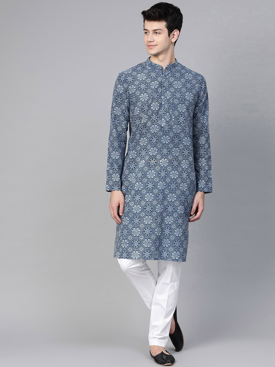 See Designs Men Navy & White Hand Block Printed Sustainable Handloom Kurta with Pyjamas