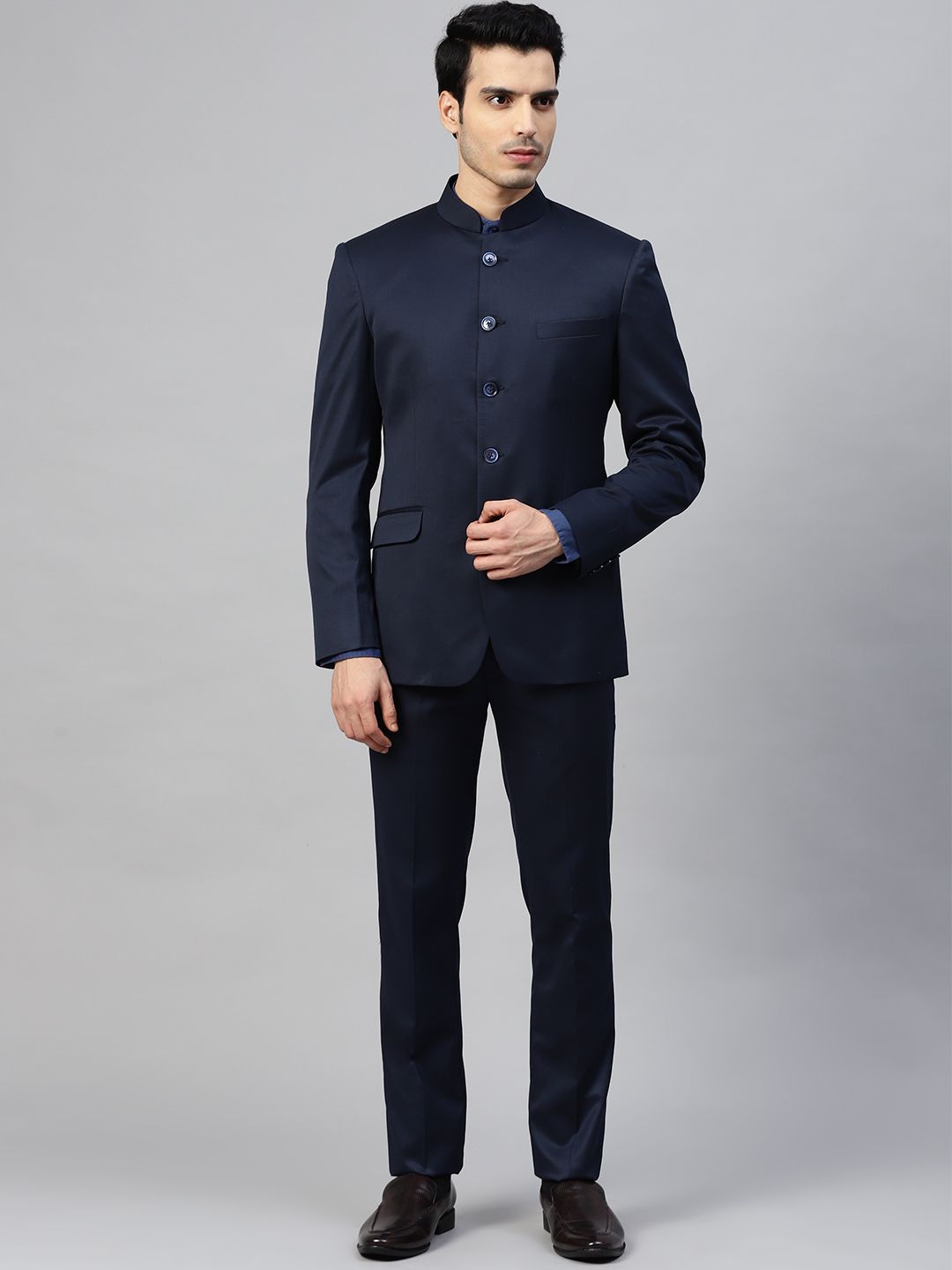 MANQ Men Navy Blue Solid Slim Fit Ethnic Bandhgala Suit-image-6