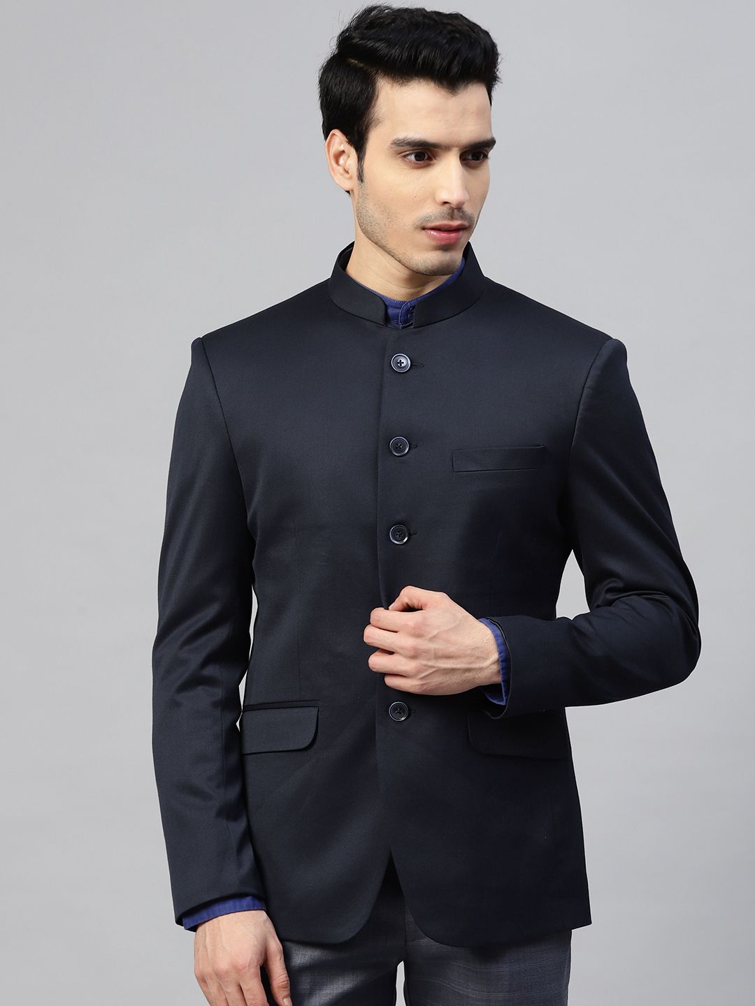 MANQ Men Navy Blue Twill Weave Solid Single-Breasted Slim Fit Bandhgala Casual Blazer-picture-32