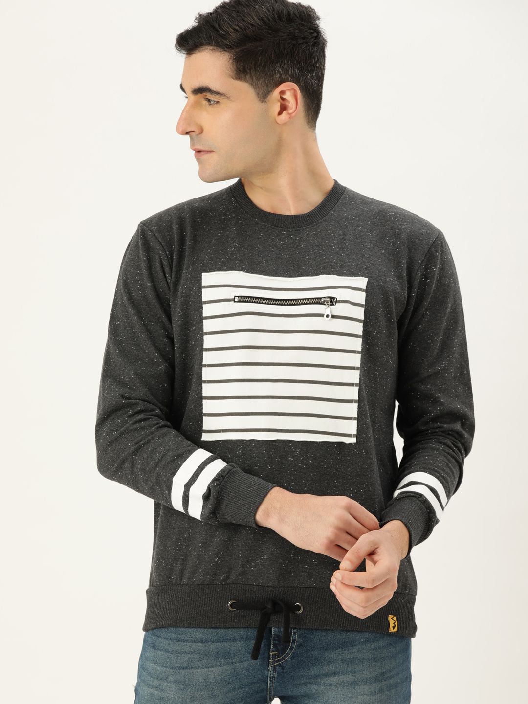 cahoot Campus Sutra Men Charcoal Grey & White Striped Bio Wash Sweatshirt-picture-21