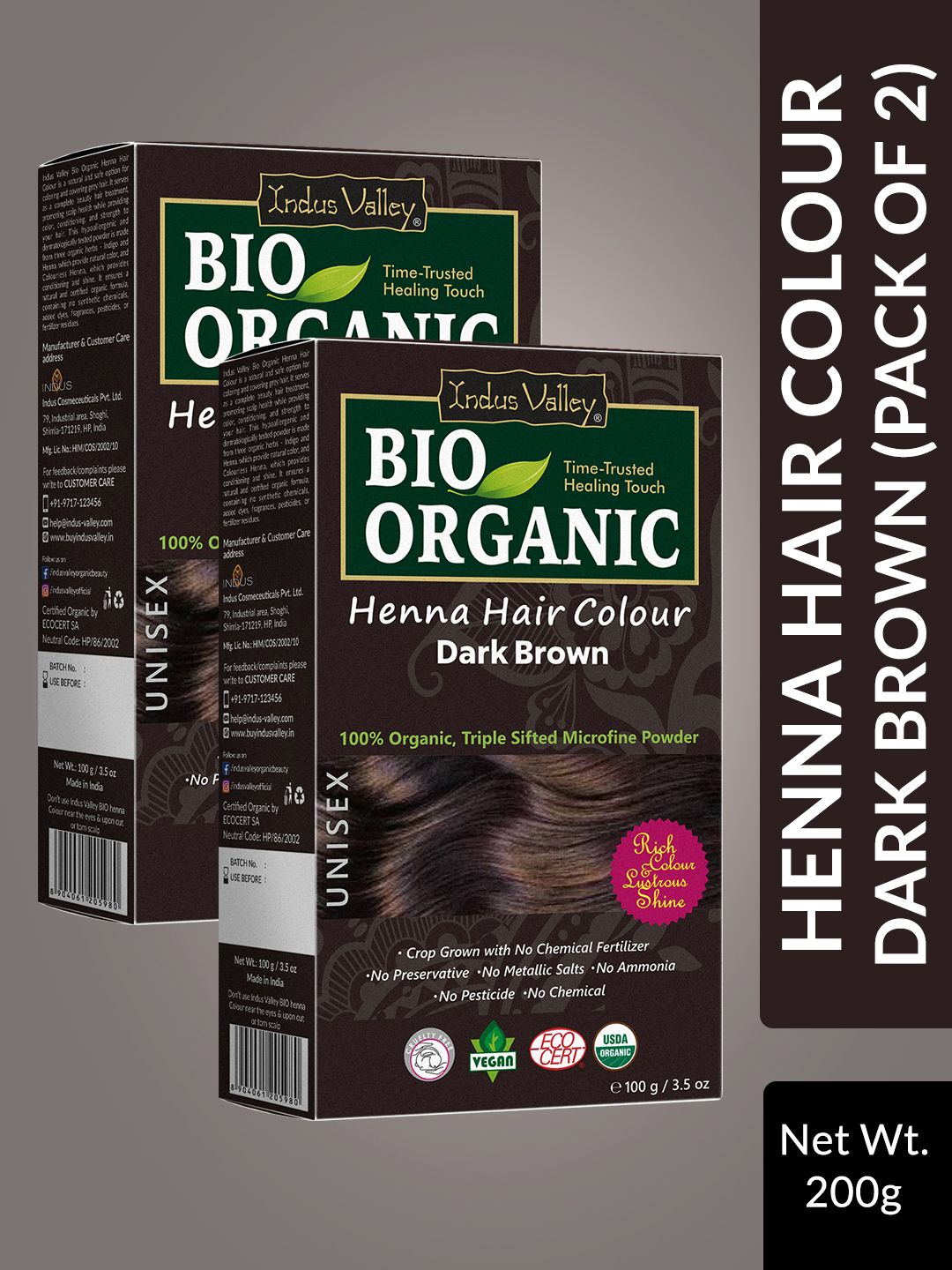Indus Valley Pack of 2 Bio Organic Dark Brown Henna Hair Color - 100 g each-image-34