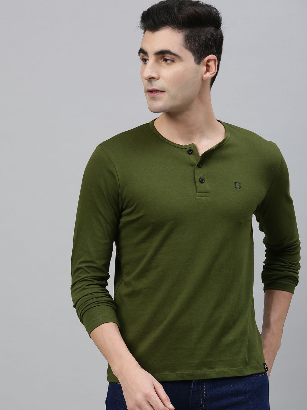 Urbano Fashion Men Olive Green Solid Henley Neck Pure Cotton T-shirt