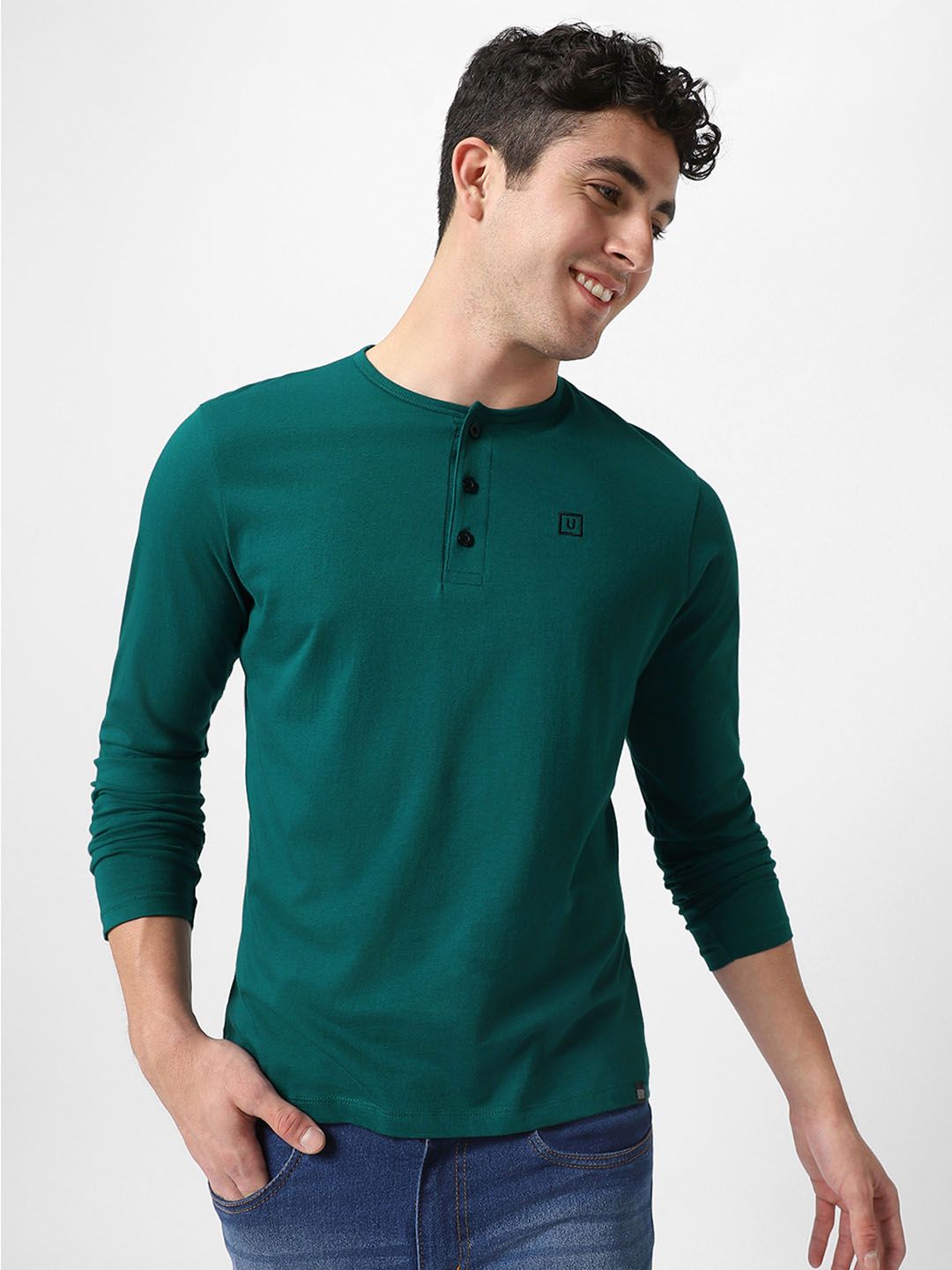 Urbano Fashion Men Green Solid Henley Neck Pure Cotton T-shirt-picture-13
