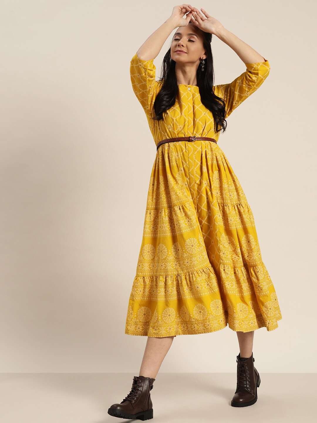 Sangria Women Mustard Yellow & Beige Ethnic Motifs Print Pure Cotton A-Line Dress