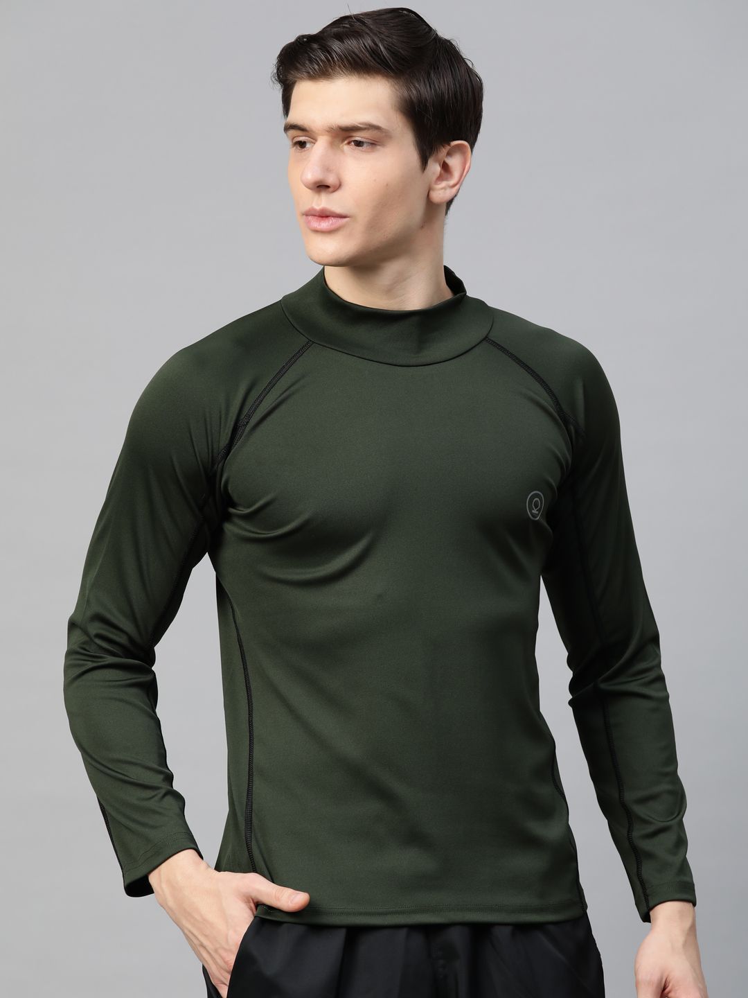 Chkokko Men Olive Green Solid Dri-FIT High Neck Gym T-shirt