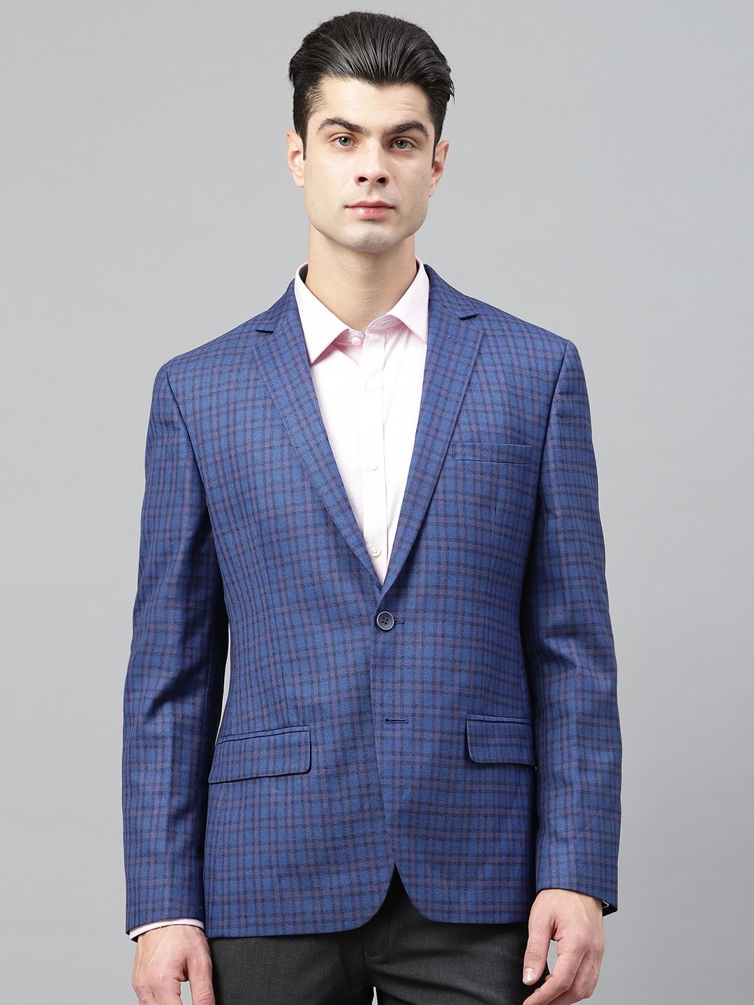 Park Avenue Men Blue Checked Single-Breasted Slim Fit Formal Blazer-picture-27