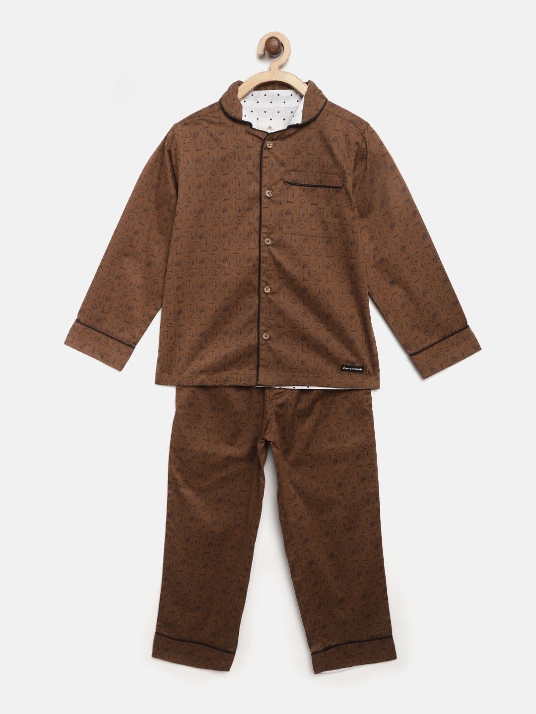 Cherry Crumble Boys Coffee Brown & Black Printed Night Suit with Eye Mask