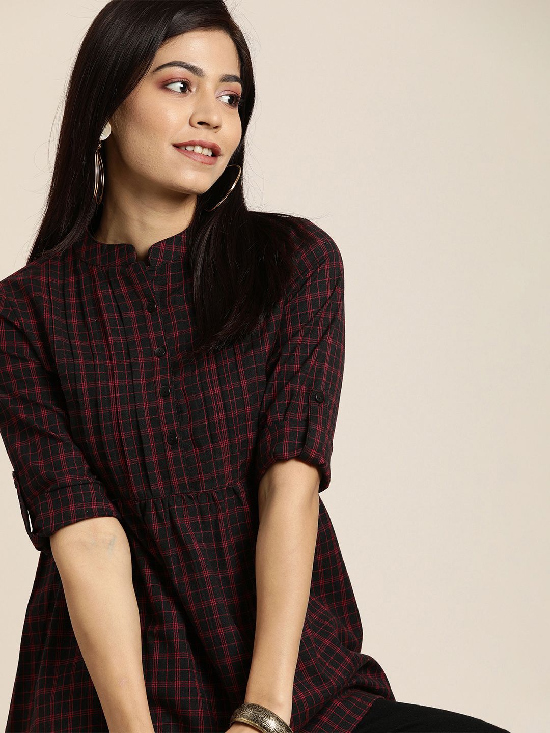Taavi Women Black Checked Woven Legacy A-Line Top with Gathers-picture-14