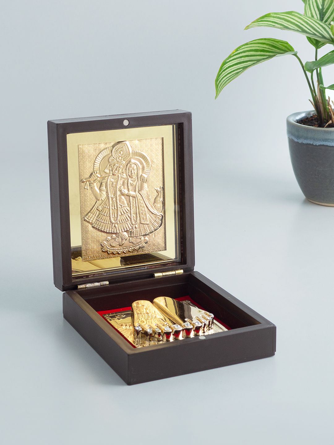 Golden Peacock Brown 24 CT Gold Foil Radha Krishna Pooja Box