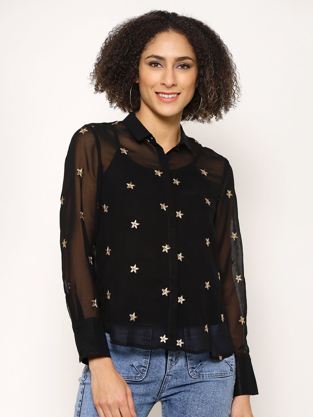 Buy House of Kkarma HOUSE OF KKARMA Women Black & Gold-Toned Regular Fit Embellished  Casual Shirt at Redfynd