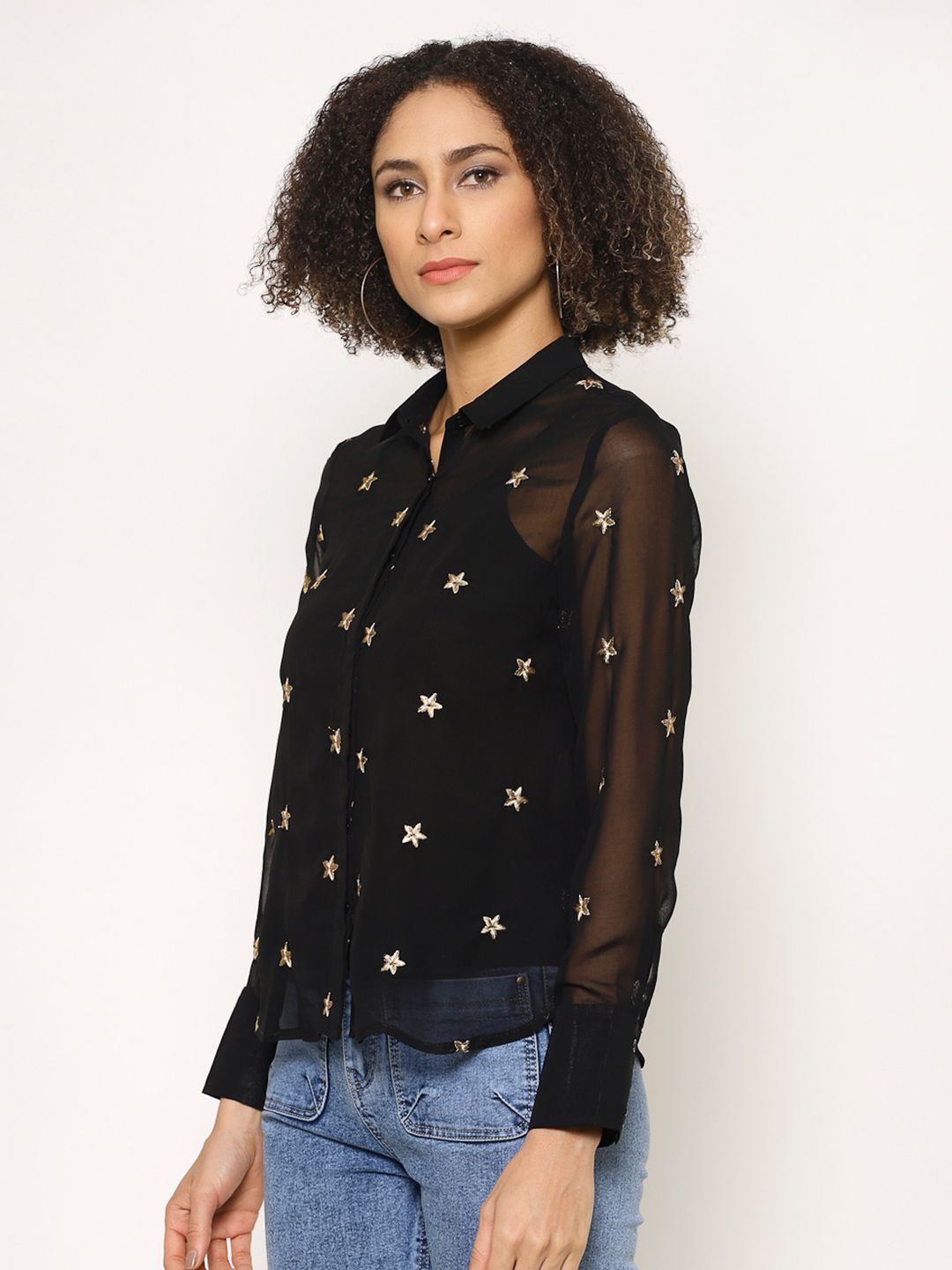 Buy House of Kkarma HOUSE OF KKARMA Women Black & Gold-Toned Regular Fit Embellished  Casual Shirt at Redfynd