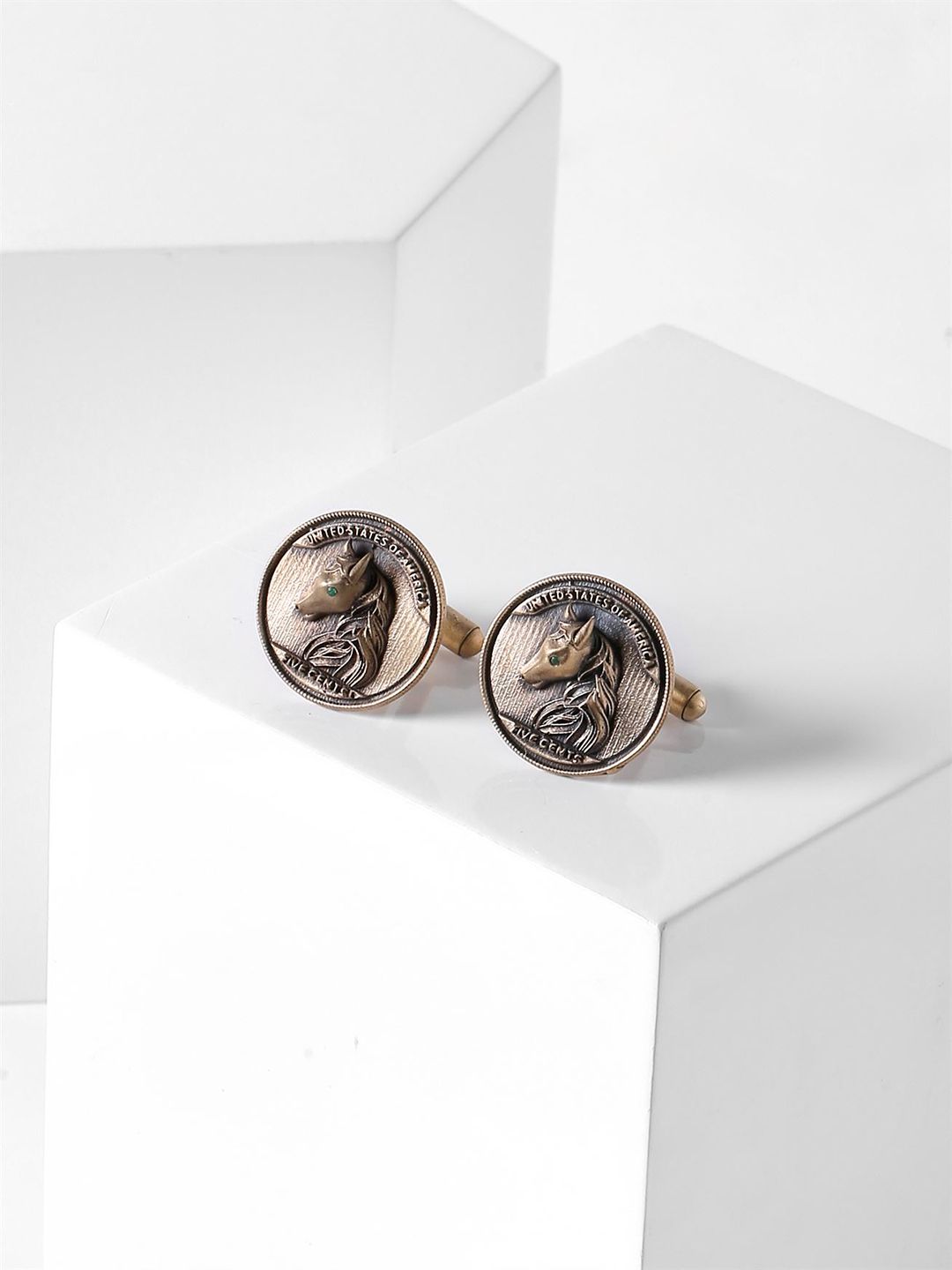 COSA NOSTRAA Antique Gold-Toned The Horse Coin Textured Cufflinks-image-9