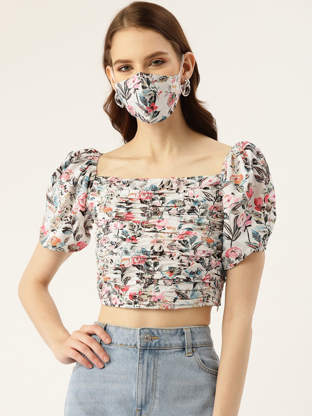 DIVA WALK EXCLUSIVE Women White Printed Fitted Smocked Crop Top with Matching Mask