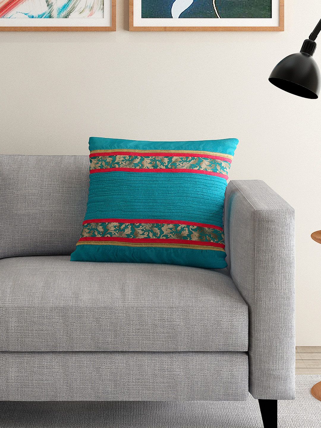 ANS Teal Green Single Brocade 16'' x 16'' Square Cushion Cover-image-16