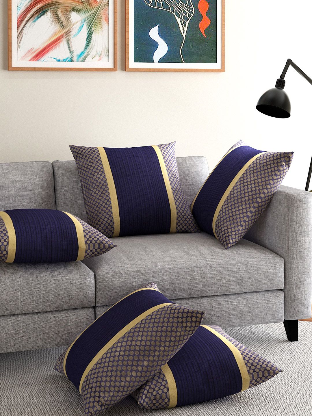 ANS Navy Set of 5 Brocade 16'' x 16'' Square Cushion Covers-image-0