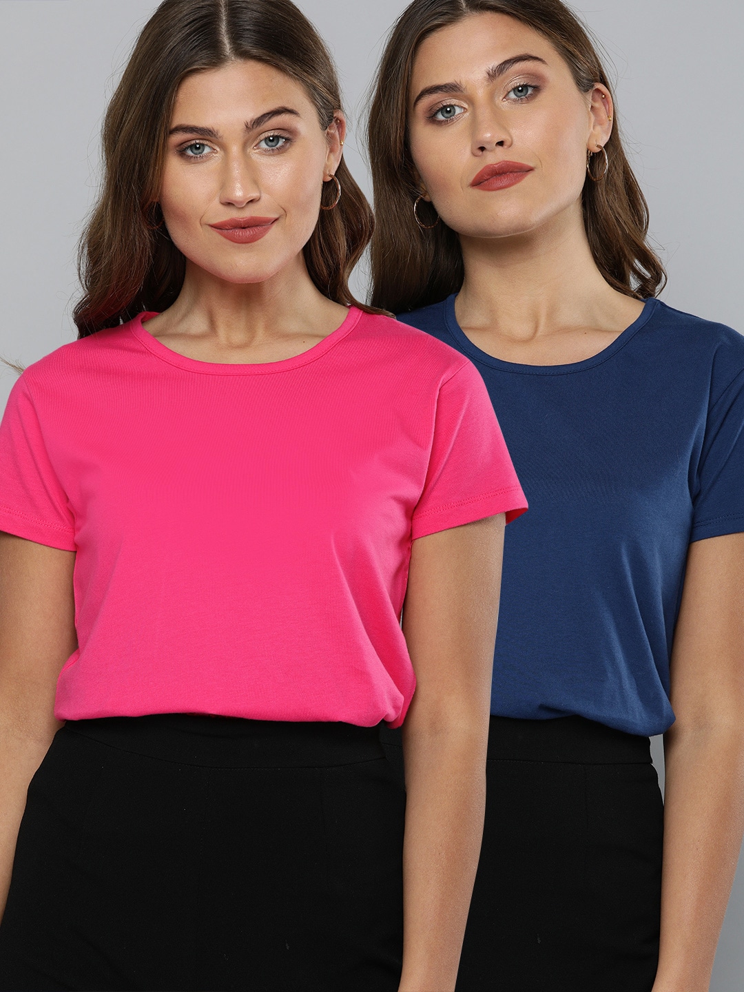 HERE&NOW Pack of 2 Women Pink Solid Round Neck T-shirt