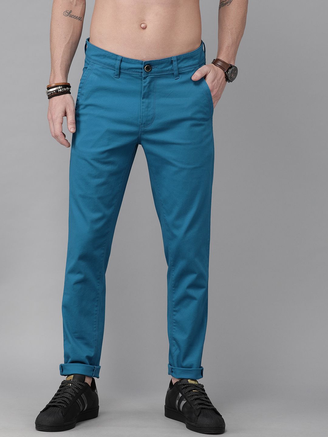 Roadster Men Teal Blue Tapered Fit Solid Chinos - Price History