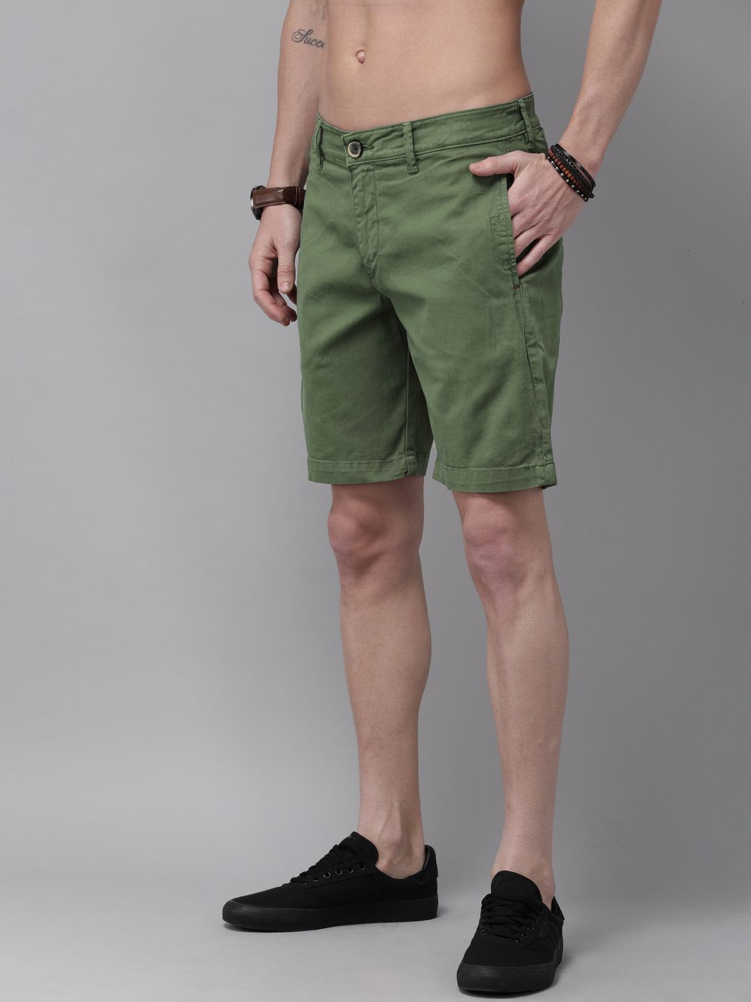 Roadster Men Olive Green Solid Regular Fit Chino Shorts - Price