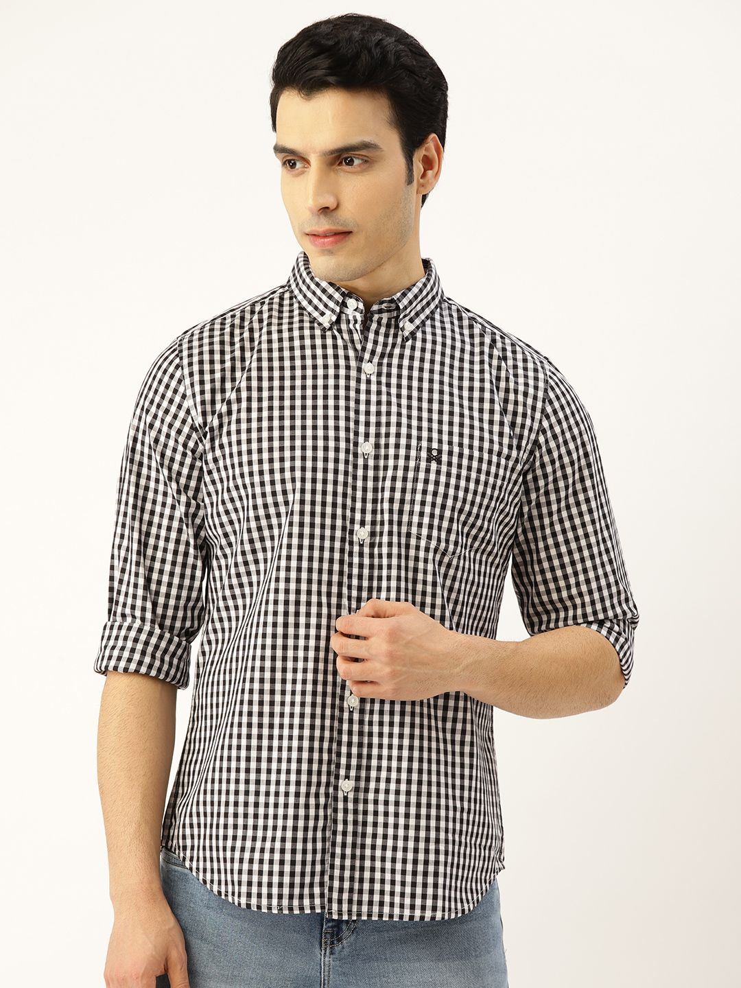 United Colors of Benetton Men Black & White Cotton Slim Fit Checked Casual Shirt