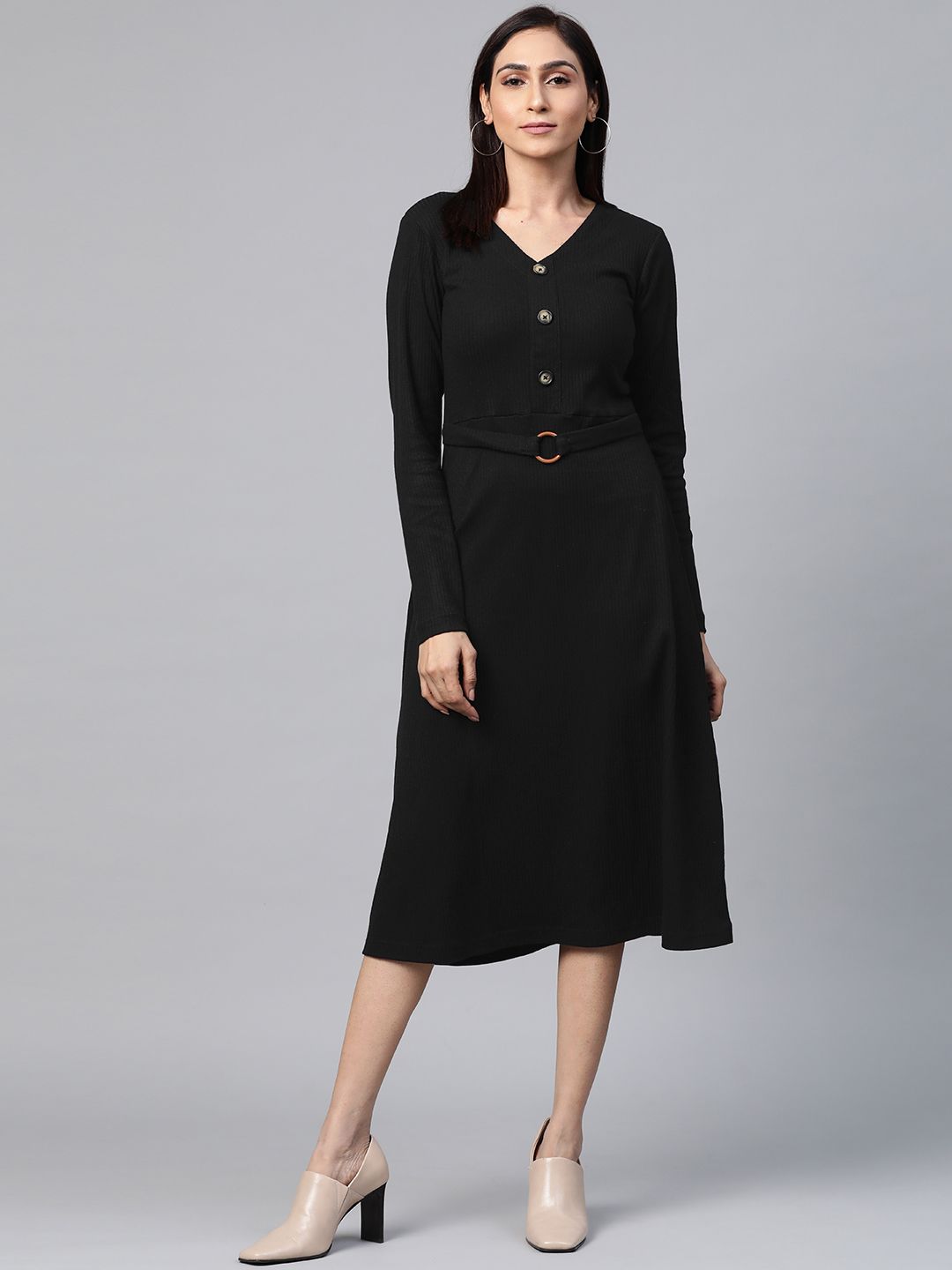 plusS Women Black Ribbed A-Line Dress-image-29