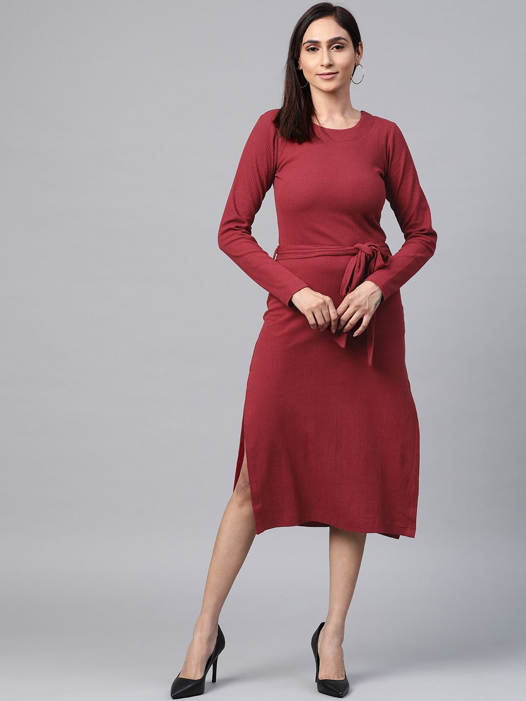 plusS Women Maroon Ribbed A-Line Dress-image-11