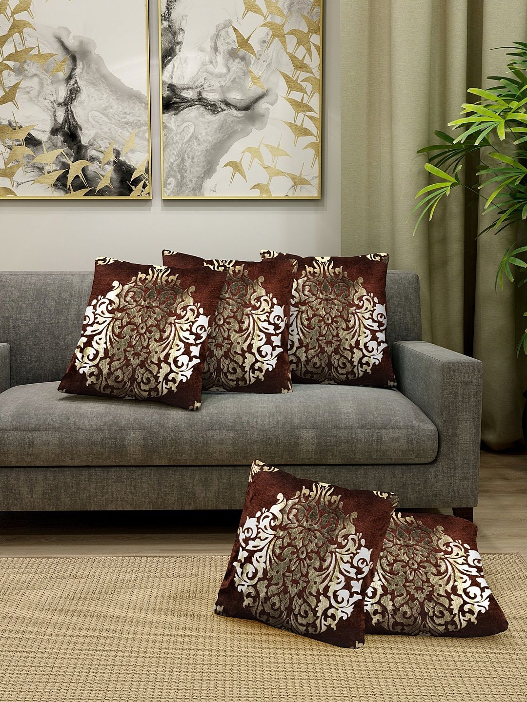 KLOTTHE Brown Set of 5 Ethnic Motifs Square Cushion Covers-picture-25