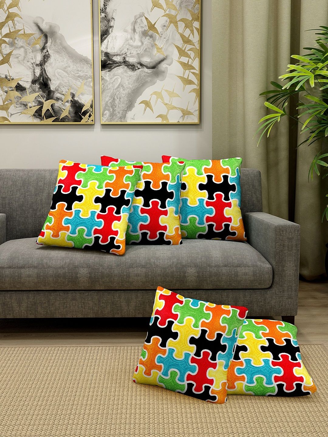 KLOTTHE Multicoloured Set of 5 Embroidered Square Cushion Covers-image-42