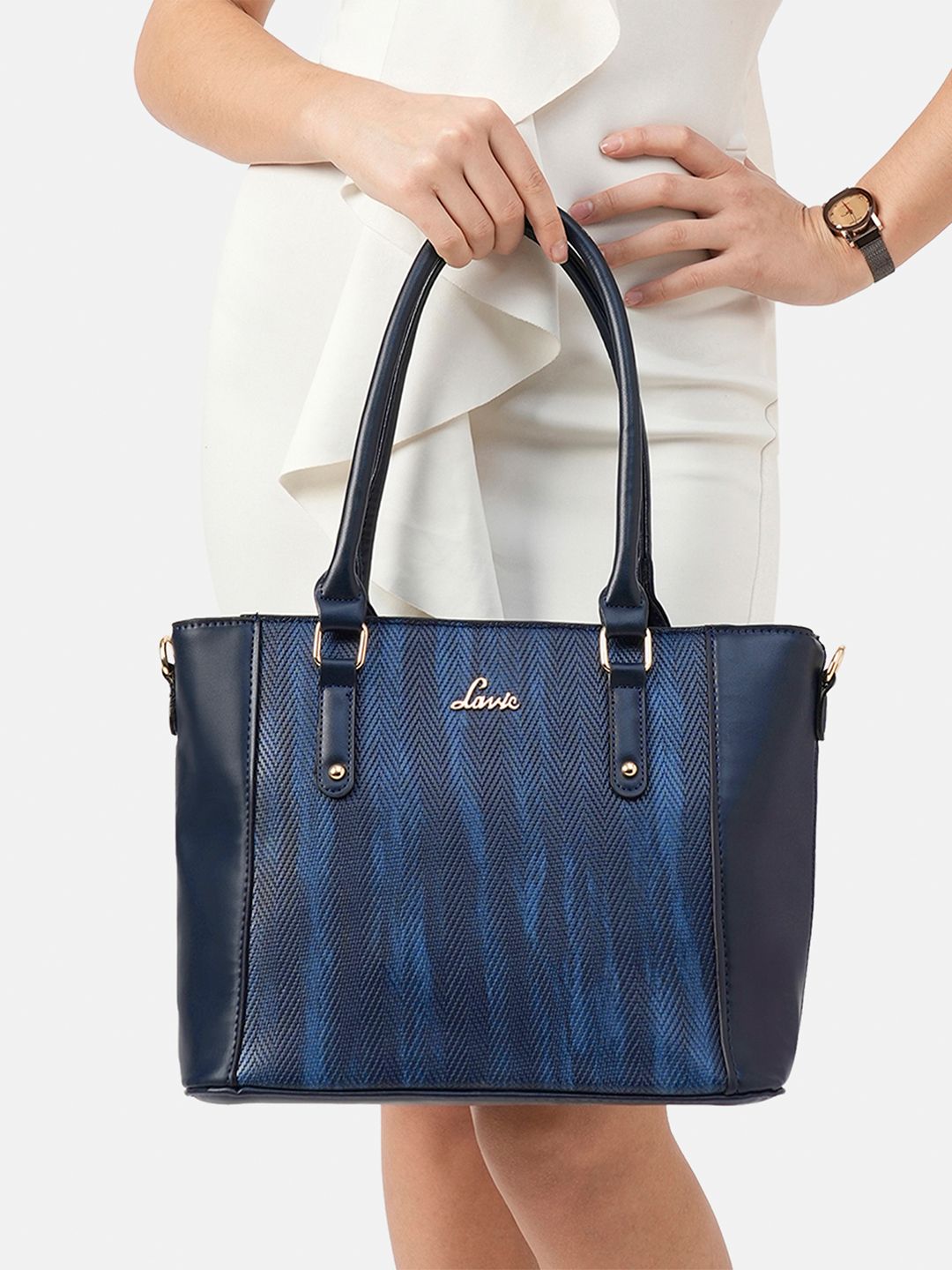 Lavie Horse Navy Blue Textured Tote Bag-picture-37